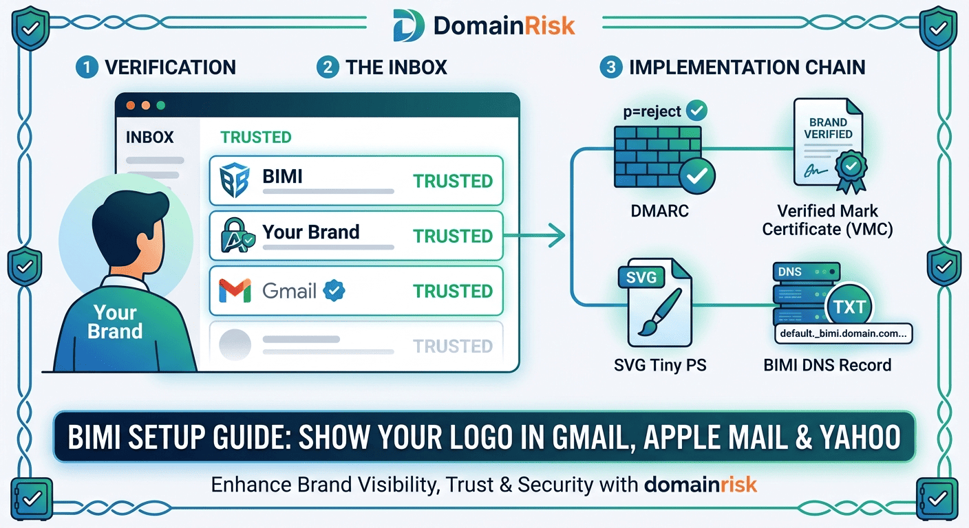 BIMI email brand logo display in Gmail, Apple Mail and Yahoo — DNS record, SVG and VMC chain