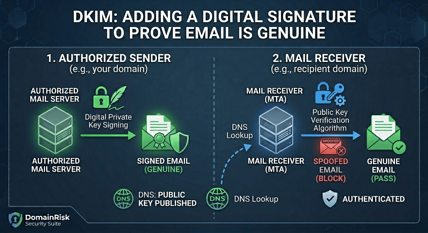 DKIM cryptographic email signing and verification diagram