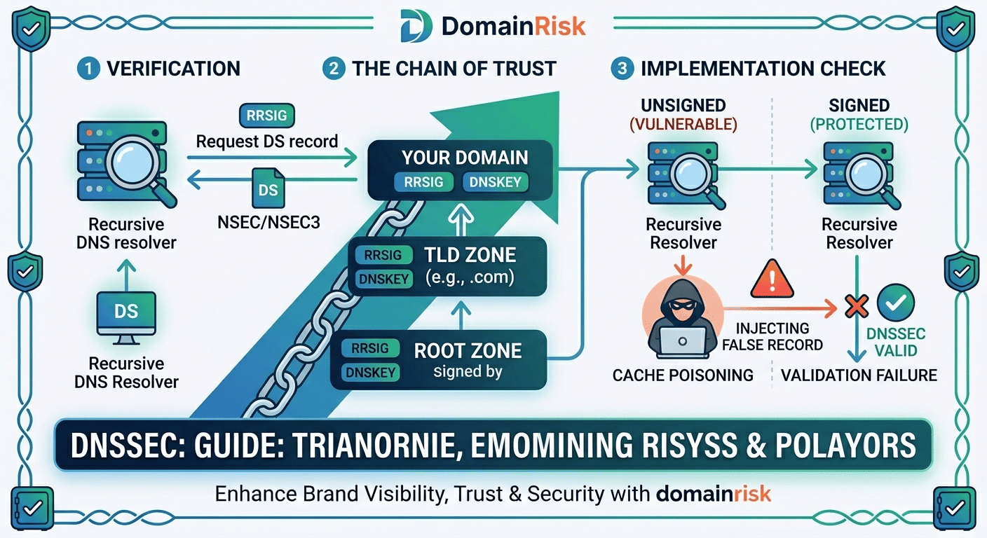 DNSSEC chain of trust — zone signing, DS records, DNSKEY and RRSIG validation diagram