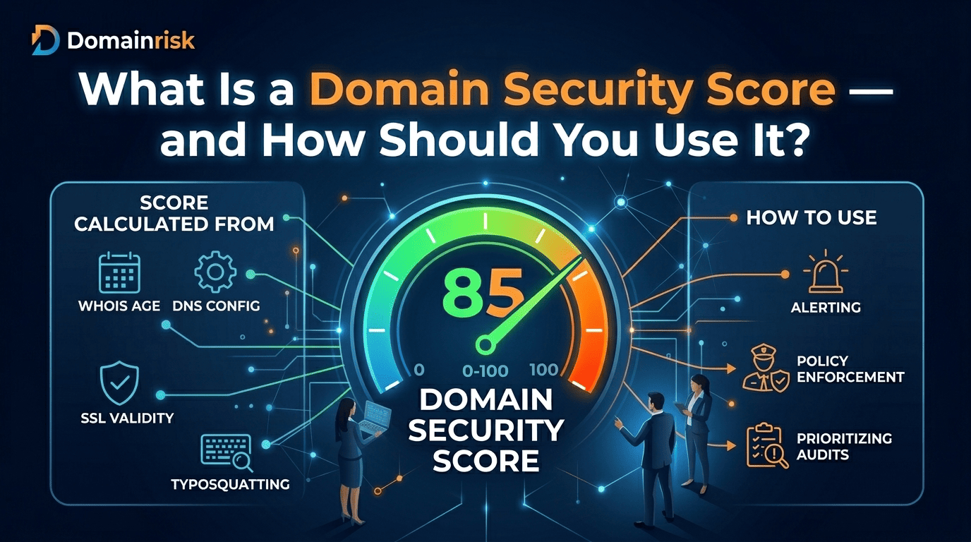 Domain security score breakdown — exploitable risk, hardening gaps, governance axes and score thresholds