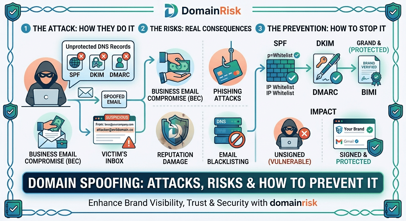 Domain spoofing attack vectors — exact-domain, lookalike, subdomain and display name spoofing explained